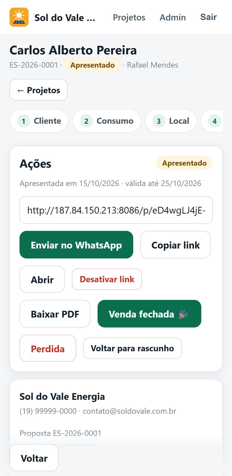Ações da proposta: enviar no WhatsApp, copiar link, baixar PDF e marcar venda