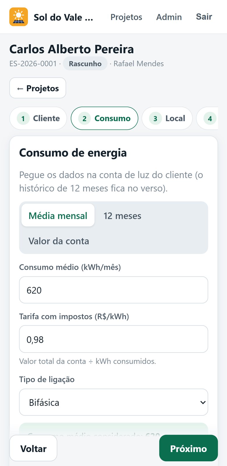 Tela de consumo de energia: média mensal, tarifa e tipo de ligação