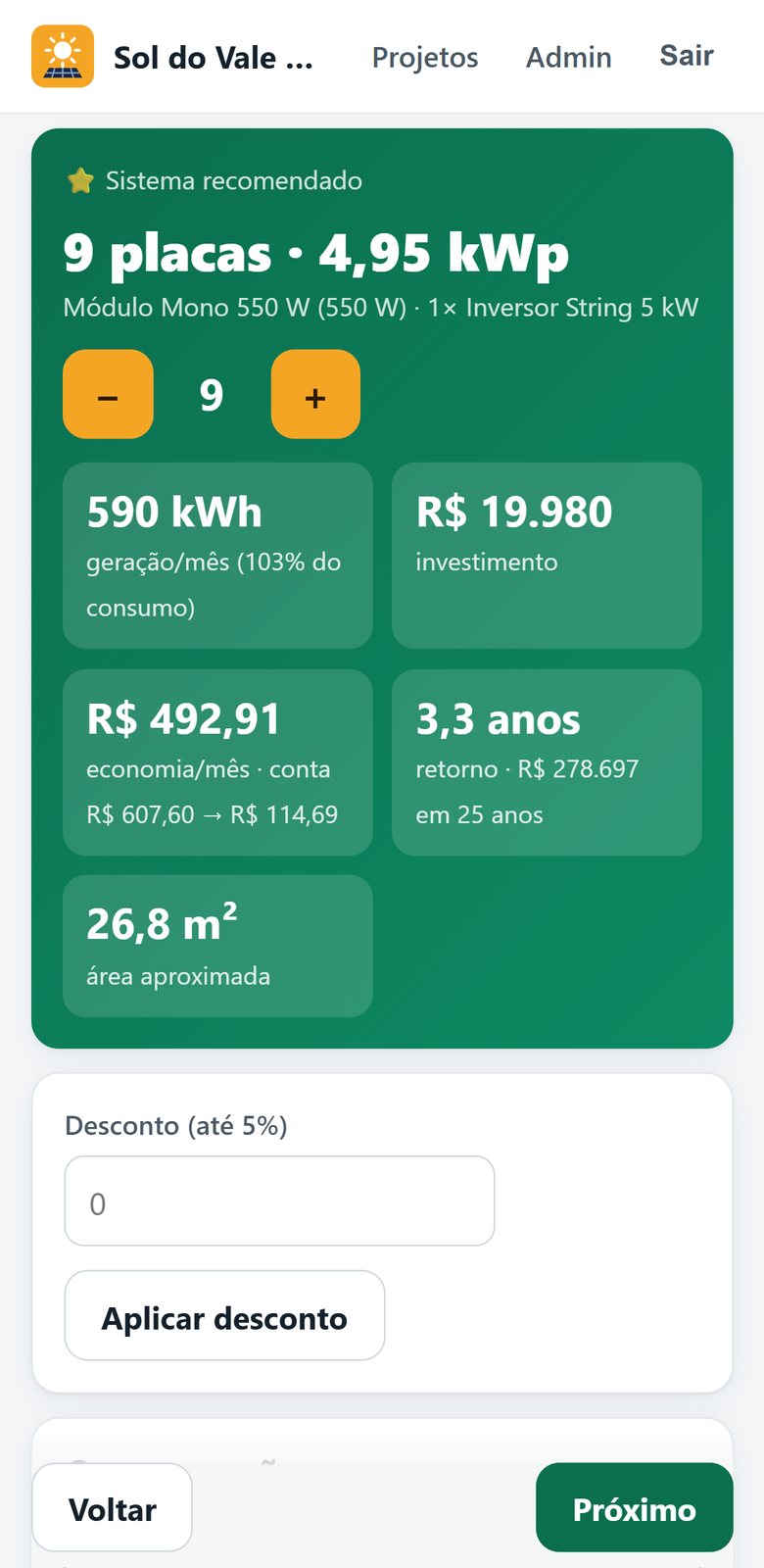 Sistema recomendado: 9 placas, 4,95 kWp, R$ 19.980 e retorno em 3,3 anos